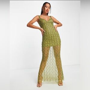 NWT ASOS All Over Embellished Sequin Beaded Maxi Slip Dress in Olive Sz 6